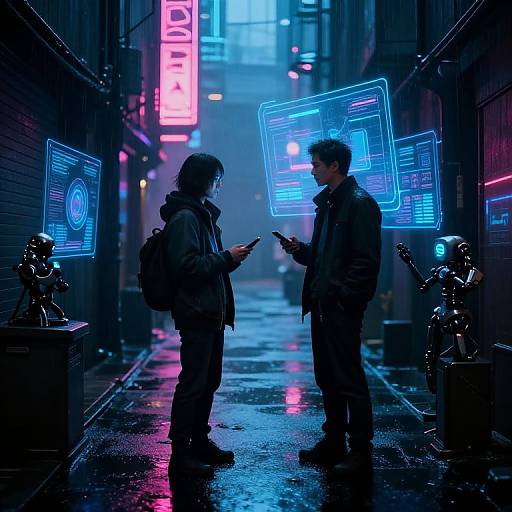 Cyberpunk alley at night; two figures in dark coats, holding devices, illuminated by neon blue holograms, surrounded by futuristic neon signs.
