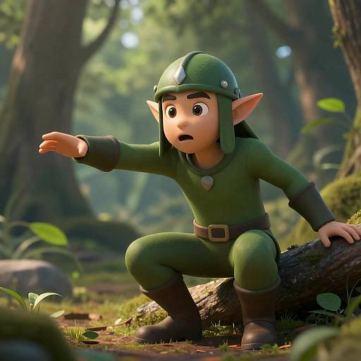 Elf-like CGI Character Crouching in Forest