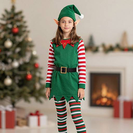 Photograph of a young girl with elf costume: green dress, red-striped sleeves, green hat, black belt, red-and-white striped leggings, standing