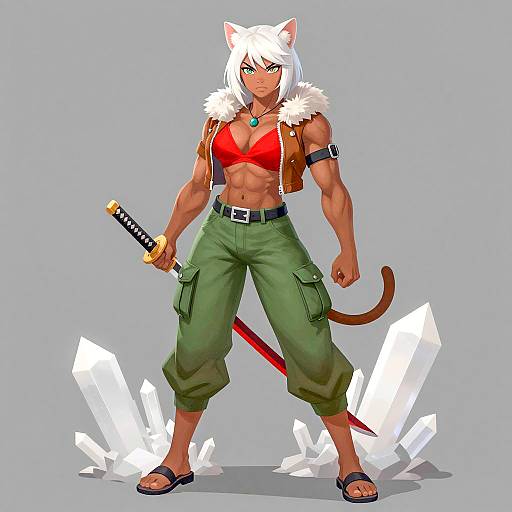 Muscular Female Catgirl Warrior with Katana