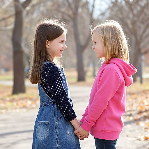 Photograph of two young girls, one in a blue denim dress and black polka-dot shirt, the other in a pink hoodie, holding hands and