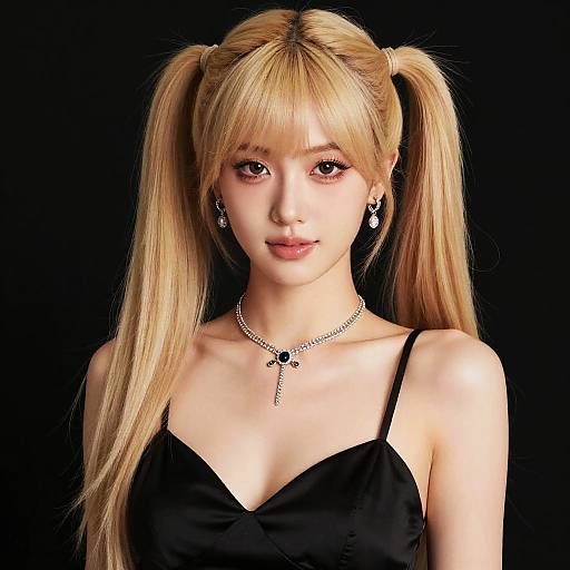 Blonde Woman with Twin Ponytails in Black Nightgown