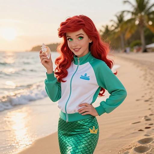 Photograph of a red-haired woman in mermaid costume with green scale skirt, white and green track jacket, holding a drink, standing on sunlit