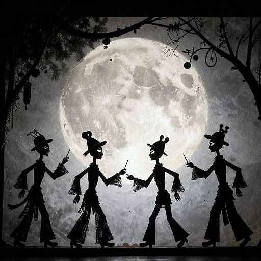 Silhouetted witches with hats and wands walk under a full moon, surrounded by dark trees and spider webs. Digital art.