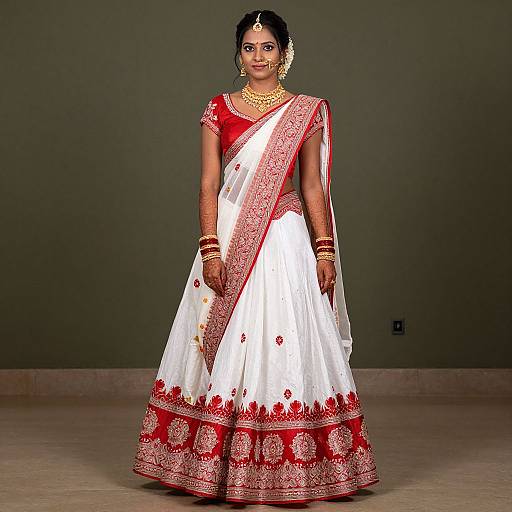 Photograph of an Indian bride in a red and white traditional lehenga with intricate gold embroidery, standing against a plain green background. She wears gold jewelry