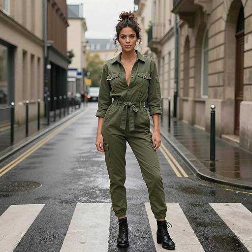 Urban Chic: Confident Brunette in Jumpsuit