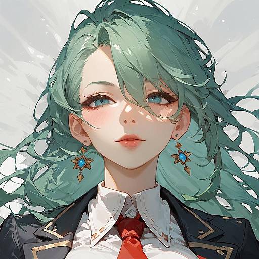 Anime Woman with Green Hair in Suit and Red Tie