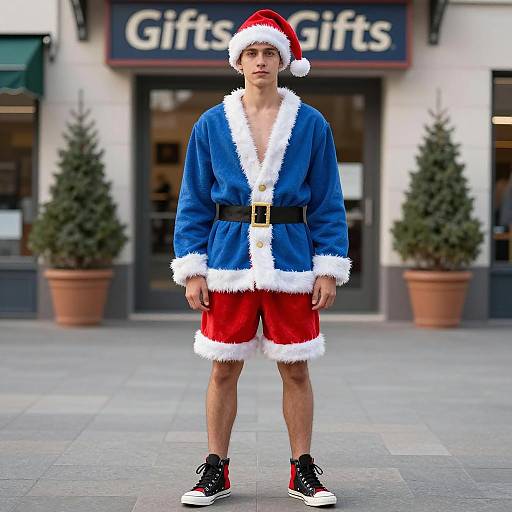 Young Man in Blue Santa Costume Outdoors