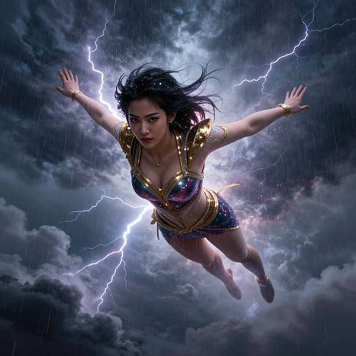 Digital artwork of Wonder Woman flying through stormy sky with lightning bolts, wearing gold-trimmed blue and red costume, arms outstretched, intense