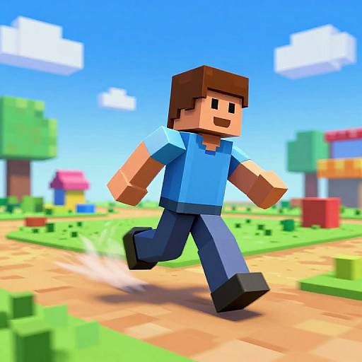 Pixel art of a smiling, blocky, brown-haired boy in a blue shirt and blue jeans running on a bright, colorful, Minecraft-style landscape.