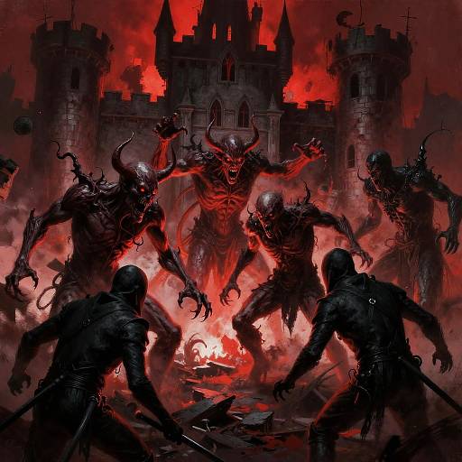 Digital artwork of five demonic, horned creatures with glowing red eyes and twisted limbs, surrounding four armored warriors in a fiery battle before a dark, castle