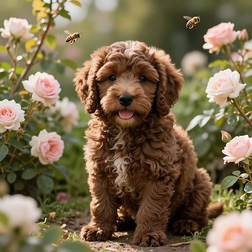 Photograph of a fluffy brown puppy with curly fur, pink nose, and tongue out, surrounded by blooming pink and white roses, with a bee