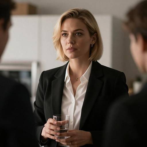 Focused Blonde Woman in Black Blazer