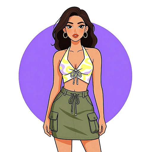 Digital illustration of a stylish woman with medium skin tone, black wavy hair, hoop earrings, yellow tie-front crop top, and olive green skirt,