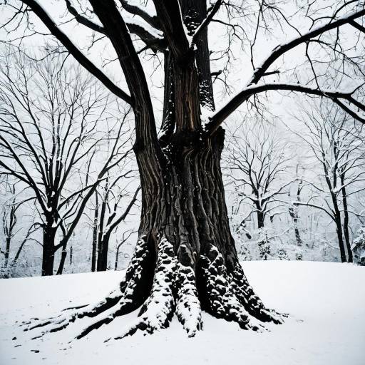Chestnut Tree with Snow-Covered Trunk and Void Space