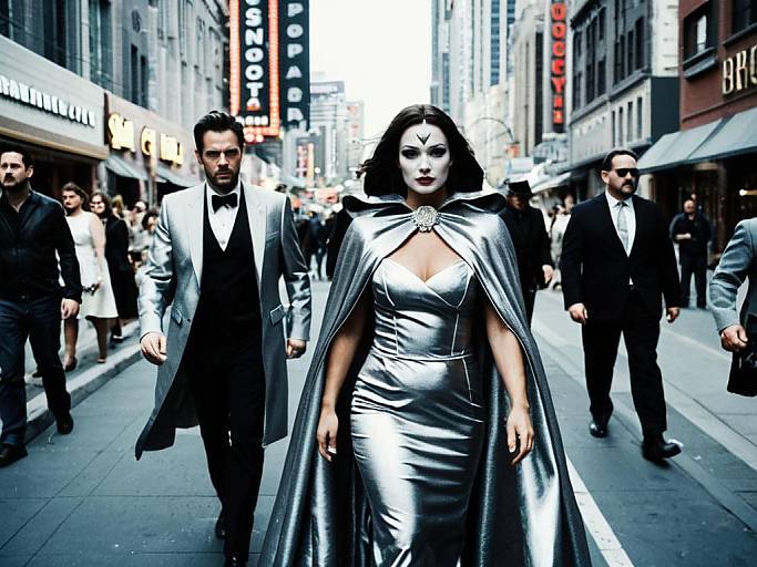 Photograph of a confident, dark-haired woman in a shiny black dress and cape, leading a group of men in black suits down a bustling, urban