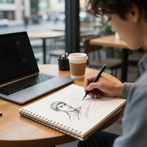Photograph of a person with curly hair sketching in a spiral notebook at a wooden table, with a laptop and coffee cup nearby.