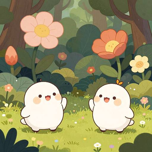 Cute cartoon white ghosts in a vibrant forest, holding large pink and red flowers, standing on green grass with colorful flowers. Digital art style.