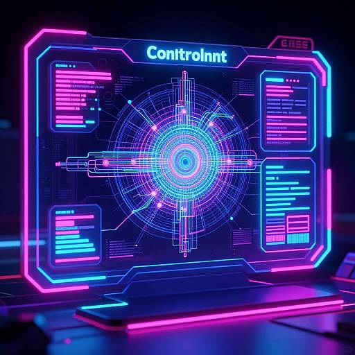 Neon-lit digital control panel displaying a glowing blue holographic interface with intricate lines, text, and vibrant pink and blue accents.