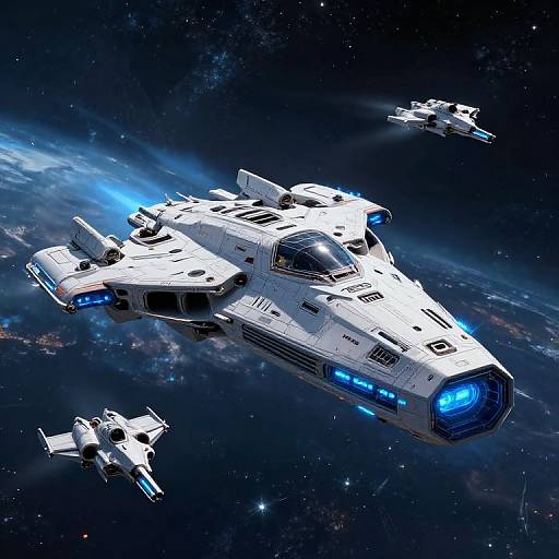 Digital artwork of a white, futuristic space battleship with blue lights, surrounded by three smaller white spacecraft, floating in a starry, cosmic background.
