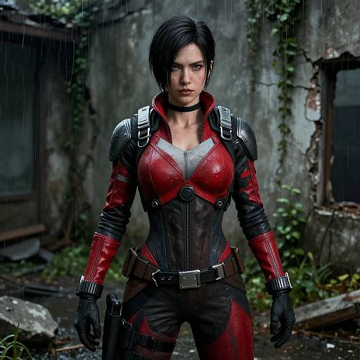 CGI image of a fierce, dark-haired woman in a red and black leather superhero suit, standing in a rainy, dilapidated outdoor setting.