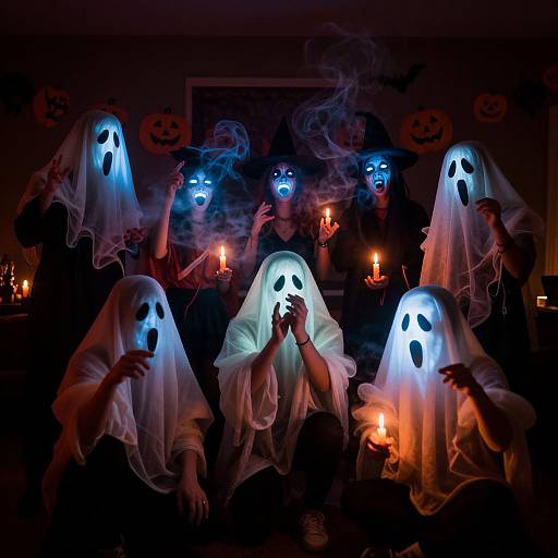 Photograph of seven people in white ghost costumes with glowing blue and black face masks, holding lit candles, standing in a dark room with Halloween decorations.