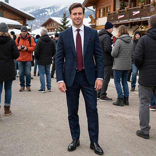 Photograph of a smiling man in a dark blue suit, white shirt, and maroon tie, standing in a snowy outdoor market with people in winter