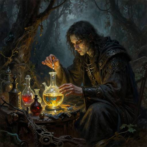 Mystical forest scene: Long-haired, dark-clad alchemist with pale skin, focused on glowing potion, surrounded by glass bottles, lanterns