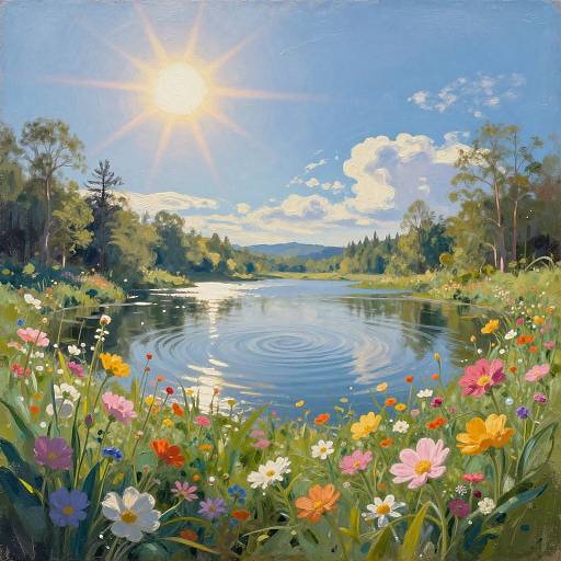 Otherworldly Lake Scene with Flowers