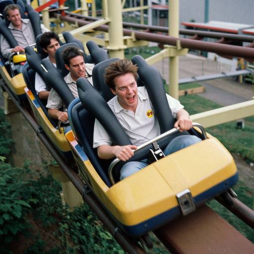 Photograph of three excited men in white shirts riding a yellow and black roller coaster, with a background of industrial buildings.