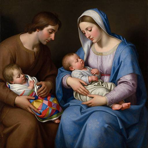 Renaissance-style painting of a fair-skinned mother in blue and white attire, cradling a baby, with another woman in brown holding a