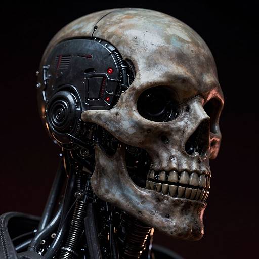 CGI image of a cybernetic skull with a weathered, white bone exterior and black, mechanical components, set against a dark background.