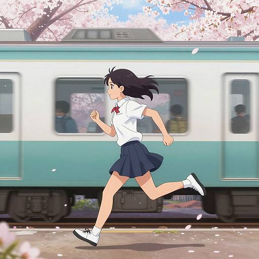 Anime Woman Running Amid Cherry Blossoms