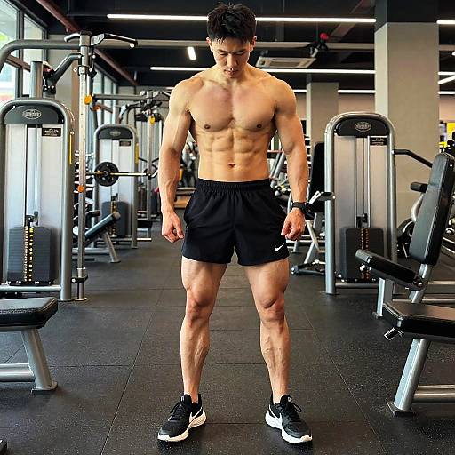 Photograph of a muscular, shirtless Asian man in black shorts and sneakers standing in a modern gym, surrounded by exercise equipment.