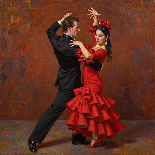 Photograph of a passionate flamenco dance couple; man in black suit, woman in red ruffled dress, brown textured background.