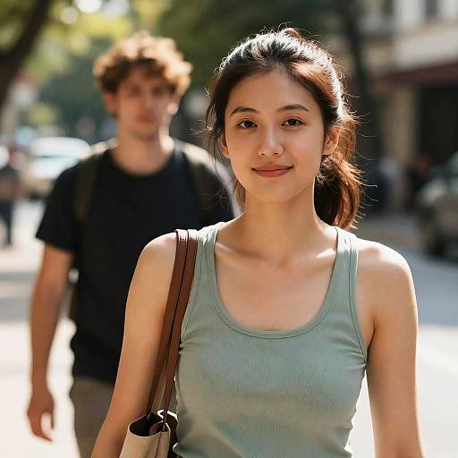 Smiling Woman on Sunlit Street