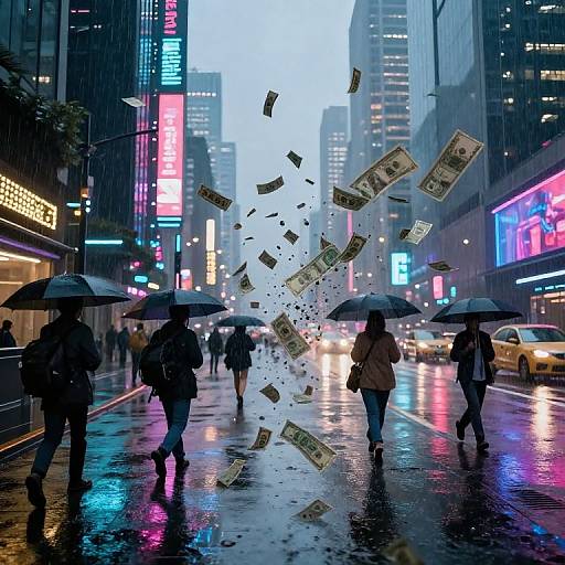 Photograph of a rainy urban street at dusk with people holding umbrellas, money bills flying through the air, and vivid neon signs reflecting on wet pavement