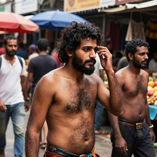 Hairy Men at Vibrant Market Scene