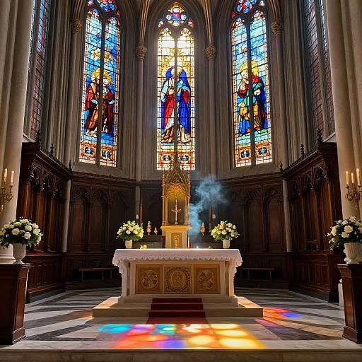Photograph of a grand Gothic-style church altar with colorful stained glass windows, incense rising, floral arrangements, and a detailed wooden altar cloth.