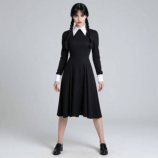 Photograph of a pale-skinned woman with black braided hair, wearing a black long-sleeve dress with white collar, black shoes, standing