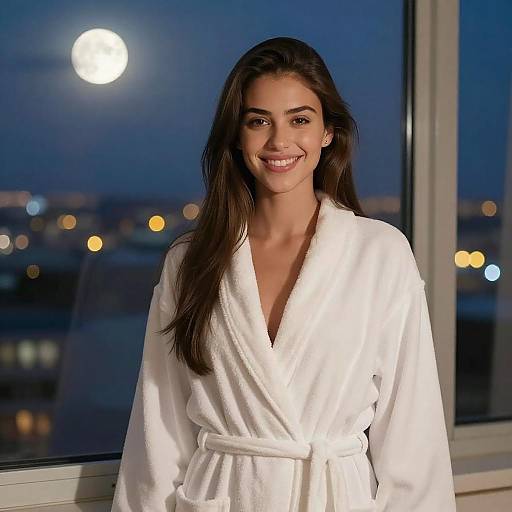 Smiling Woman by City Night Window