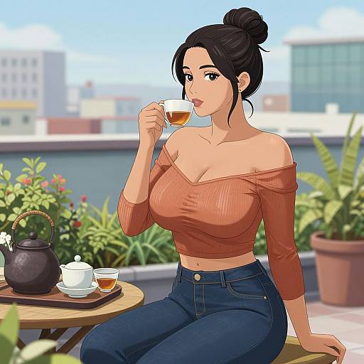 Digital anime-style drawing of a curvy woman with black hair in an updo, sipping tea on a rooftop terrace, wearing an off-should