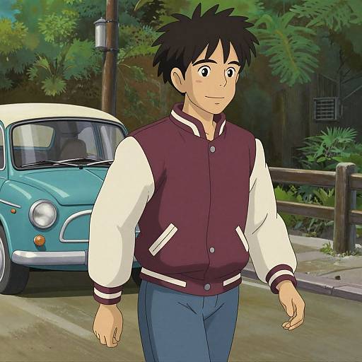 Anime-style drawing of a young man with spiky black hair, wearing a maroon and white varsity jacket, blue jeans, walking past a vintage