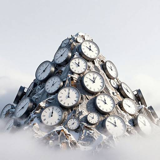 Photograph of a pyramid-shaped stack of white analog clocks with black hands and Roman numerals, partially obscured by mist, against a bright white background.