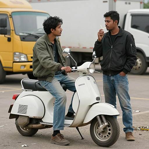 Two men with classic scooter in urban parking lot