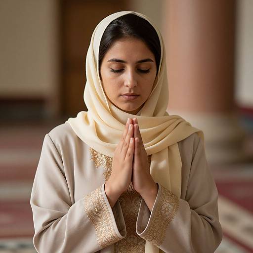 Photograph of a South Asian woman with dark hair, closed eyes, and light skin, wearing a white hijab and embroidered robe, praying with hands