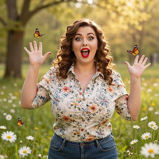 Photograph of a surprised, curly-haired woman in a floral shirt and jeans, with butterflies around her hands in a sunny meadow.