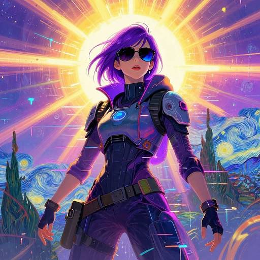Digital art of a purple-haired woman in a black tactical suit, sunglasses, and gun, standing in a vibrant, colorful, sunburst background. Inspired
