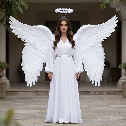 White Fallen Angel Costume in Courtyard