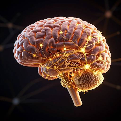 CGI image of a glowing, detailed brain with bright orange neural networks against a dark black background, highlighting intricate neural connections.
